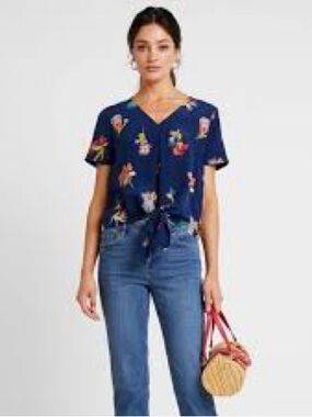 Madewell Navy Floral Tie-Front V-Neck Blouse